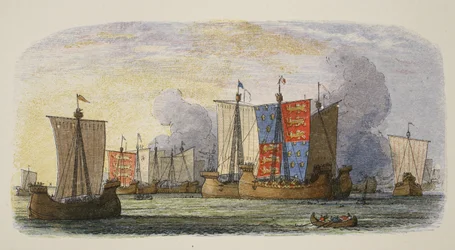 Slaget vid Sluys, 1340, från A Chronicle of England BC 55 till AD 1485, pub. London, 1863